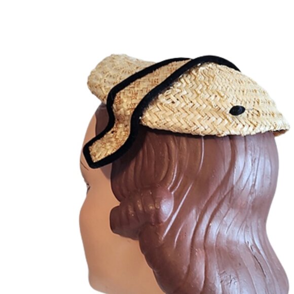Unusual 1950s Vintage Tan Straw Small Hat With Wings and Black Velvet Trim Vintage | Accessories | Unusual 95s Vintage Tan Straw Small  main image 2